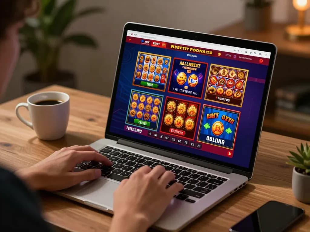 RIKVIP user engaging in online gaming at home on a laptop, showcasing diverse casino games.