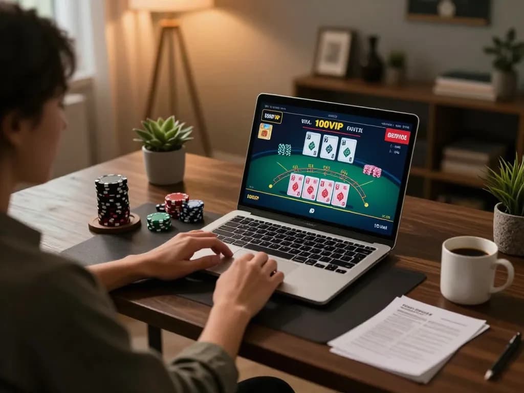 Player engaging with live dealer blackjack on 100VIP platform during cozy home gaming session