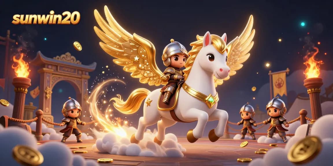 Play exciting games at sunwin20 with a celestial knight and a golden horse in a vibrant casino world.