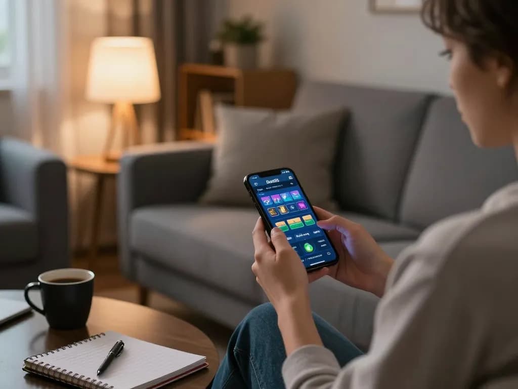 Person enjoying the done55 app on their smartphone in a cozy living room, illustrating modern mobile gambling.