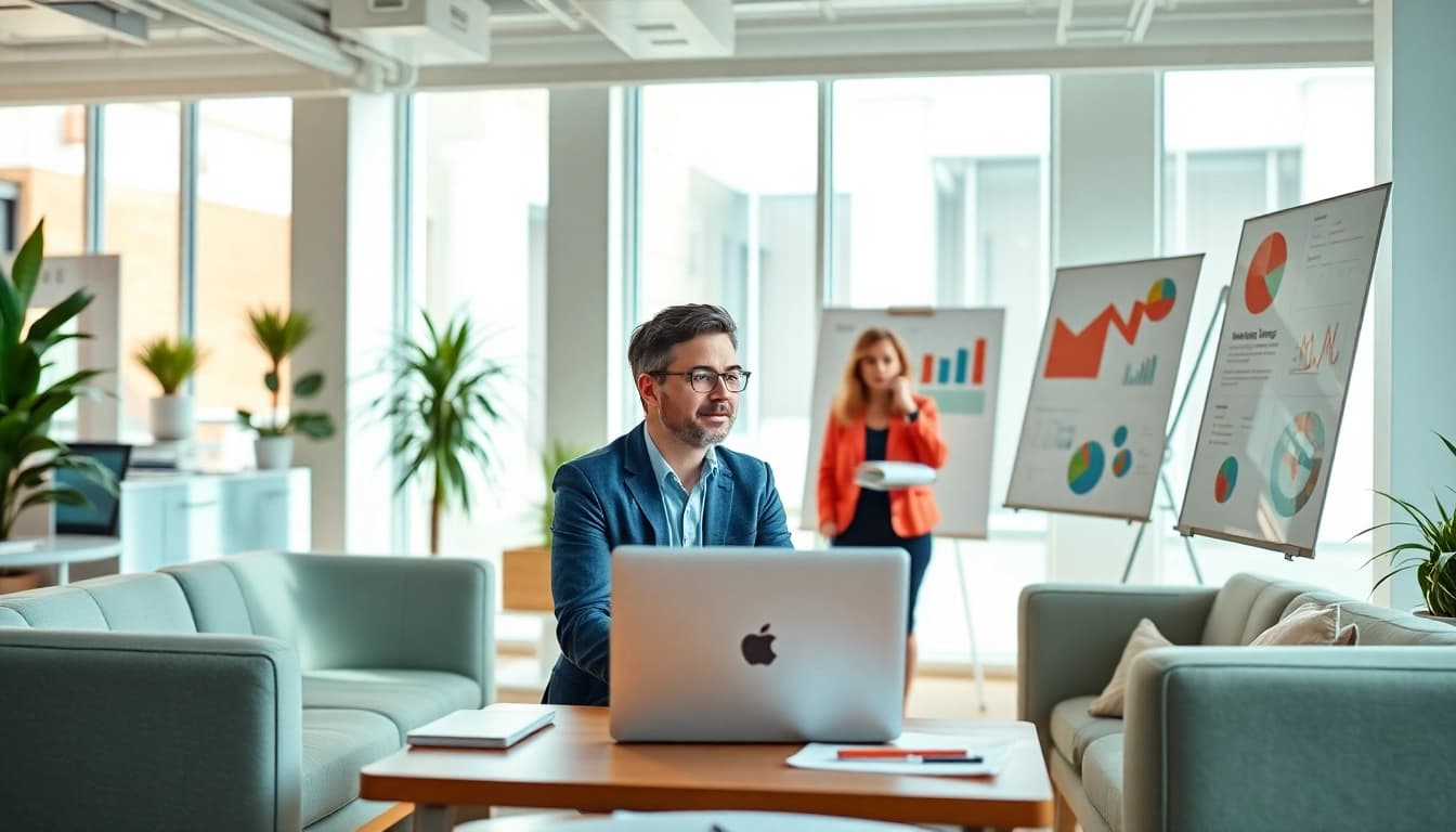 Marketing Consultant engaging with clients in a vibrant office, illustrating strategic discussions.
