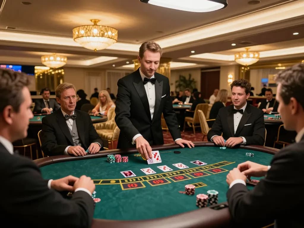 Engaged players placing bets at a vibrant FB88 live dealer baccarat table in a luxurious casino.