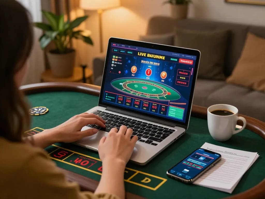 Player engaging with jun88 live dealer blackjack on a laptop, showcasing strategic gaming environment.