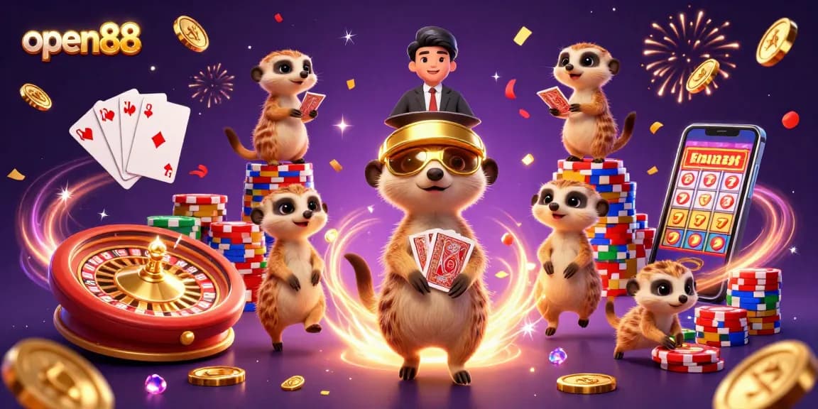Experience exhilarating excitement at open88 with a lively 3D image depicting meerkats enjoying a vibrant casino atmosphere.