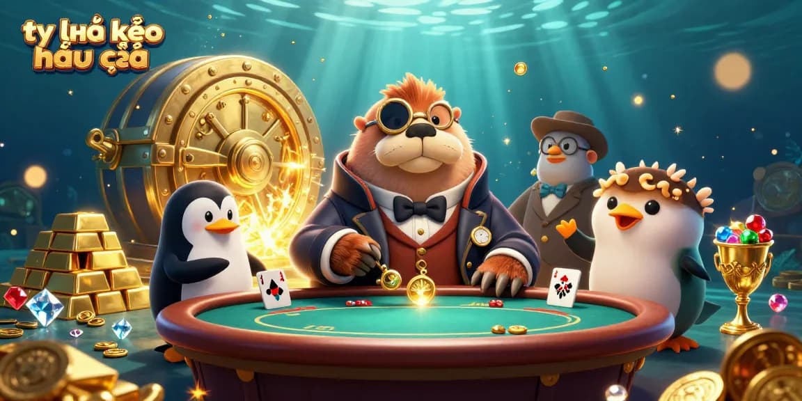 Engage with tỷ lệ kèo nhà cái in a vibrant underwater poker scene featuring a walrus, penguin dealer, and pufferfish player.