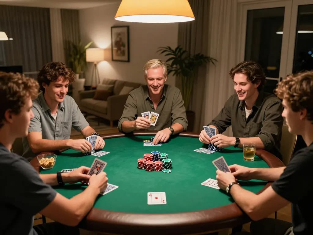 Players enjoying a friendly poker game at home, showcasing excitement and strategy, alo8