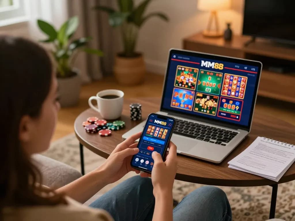 Player engaging with MM88 mobile app displaying exciting casino games in a cozy home environment.