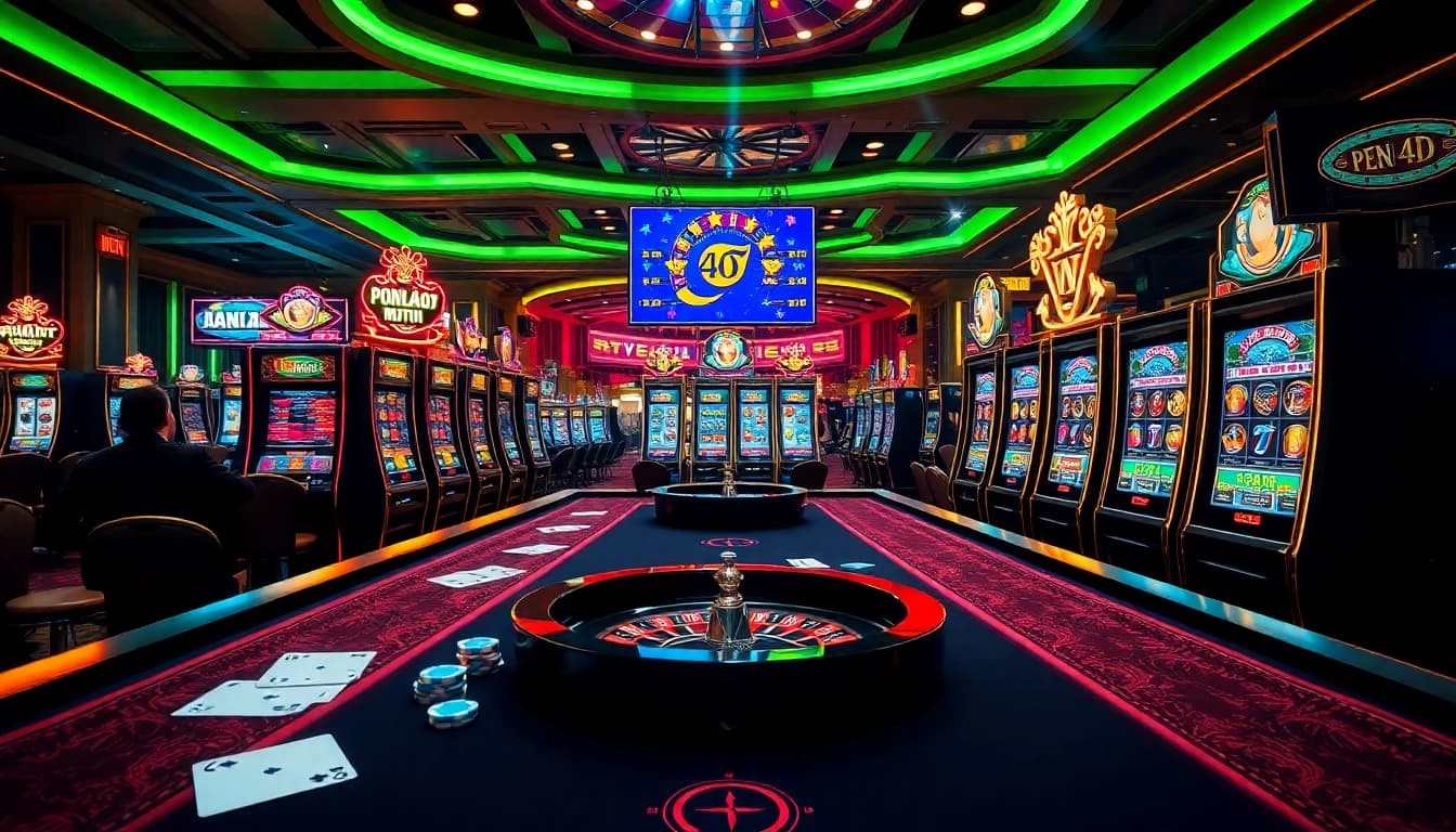 Experience the thrill of pen4d at a vibrant casino table filled with exciting slot machines and poker chips.