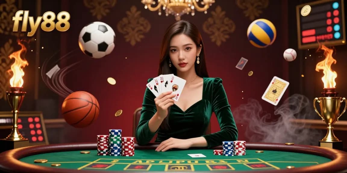 Engage with thrilling games at fly88 while a focused woman plays poker amidst dynamic sports elements.