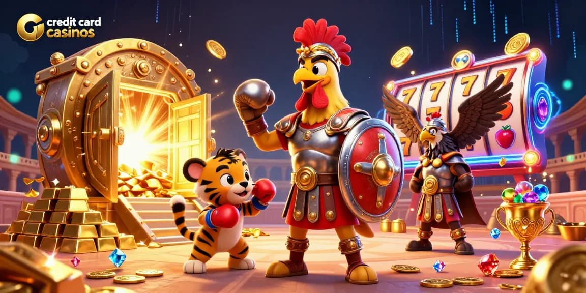 Engage with credit card casinos featuring a bold gladiator rooster amid golden treasures and slot game elements.