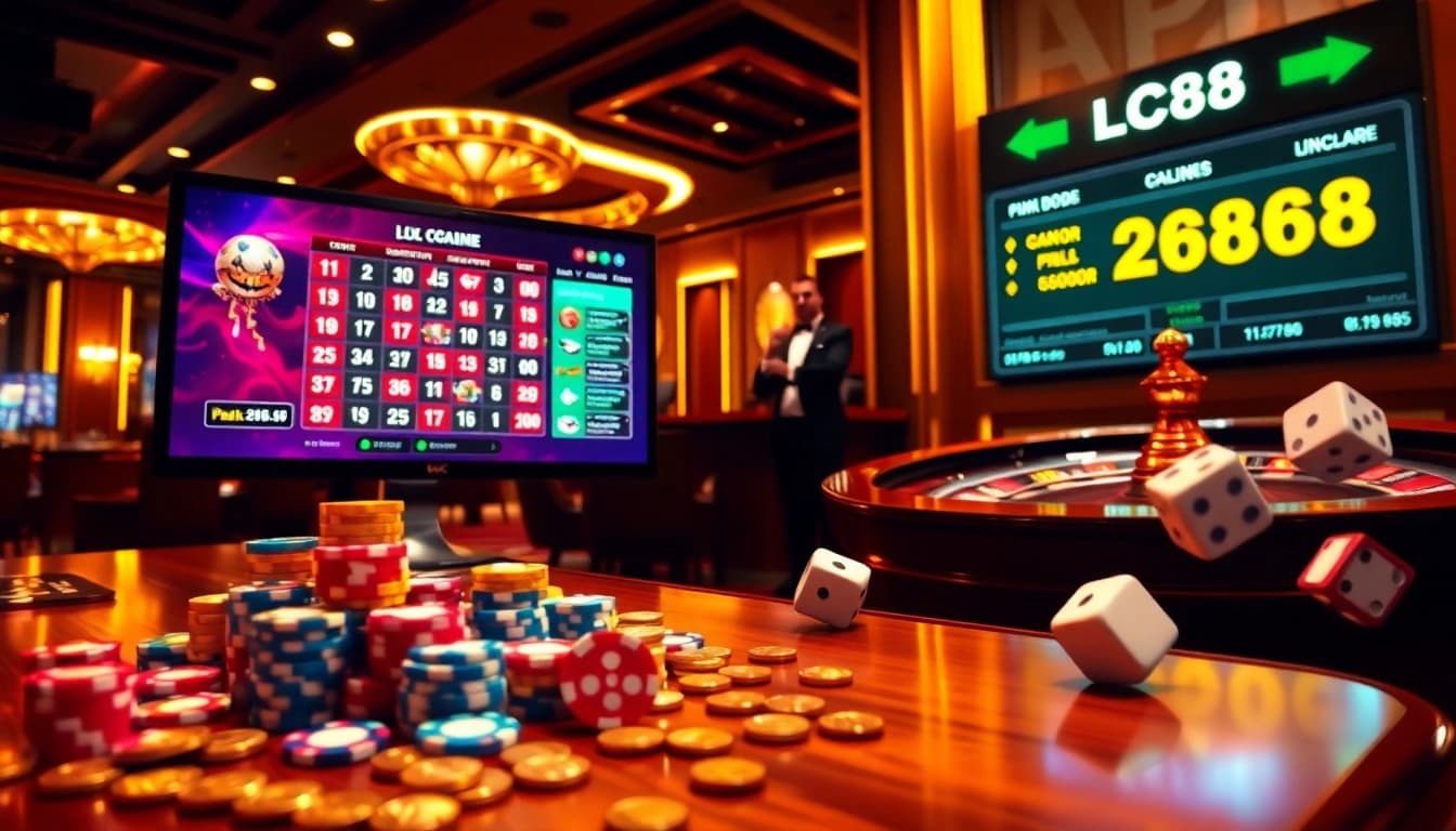 LC88 players engaging with vibrant poker chips and a roulette wheel in a luxurious casino scene.