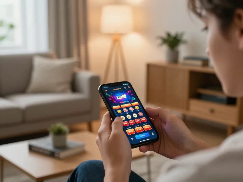 Engaged player exploring Luck8 casino app on smartphone in a cozy home setting