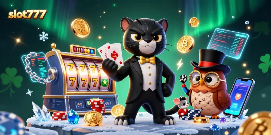 Experience fun with slot777 as a black panther deals cards, enhanced by vibrant casino elements.