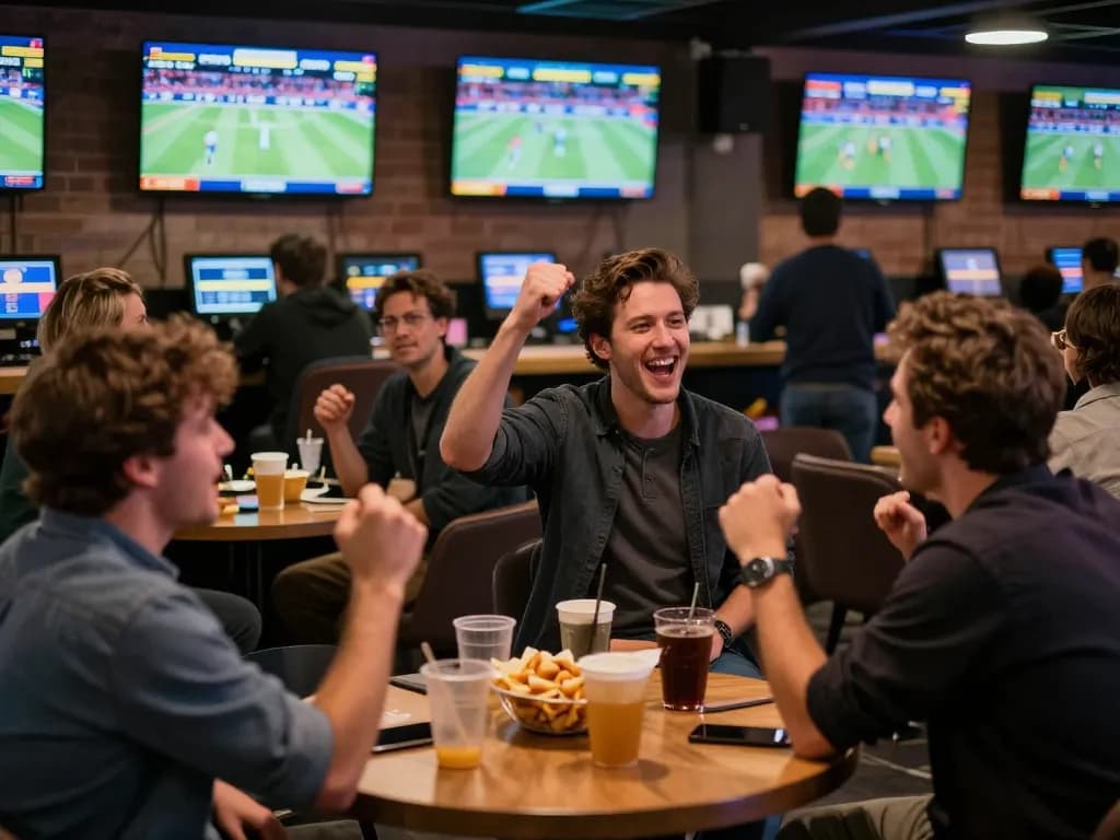 Engaged players placing bets at fo88's exciting sports betting lounge atmosphere.