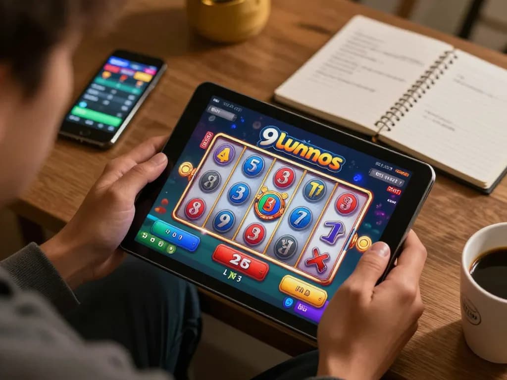 Engaging in mobile casino gaming on the 9bet app showcasing spinning slots in a cozy living room.