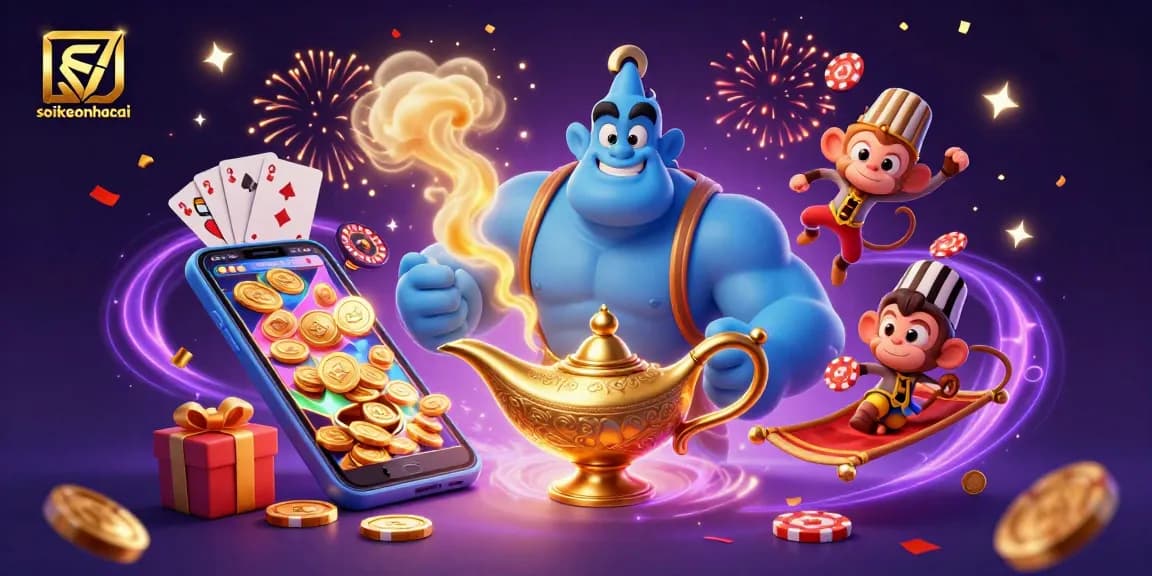 Experience excitement with soikeonhacai as a genie, monkey, and poker elements enchant players in a rich casino scene.