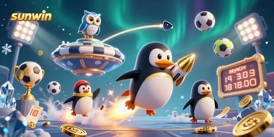Join sunwin's exciting casino adventure with a 3D golden penguin flying to a poker chip station.