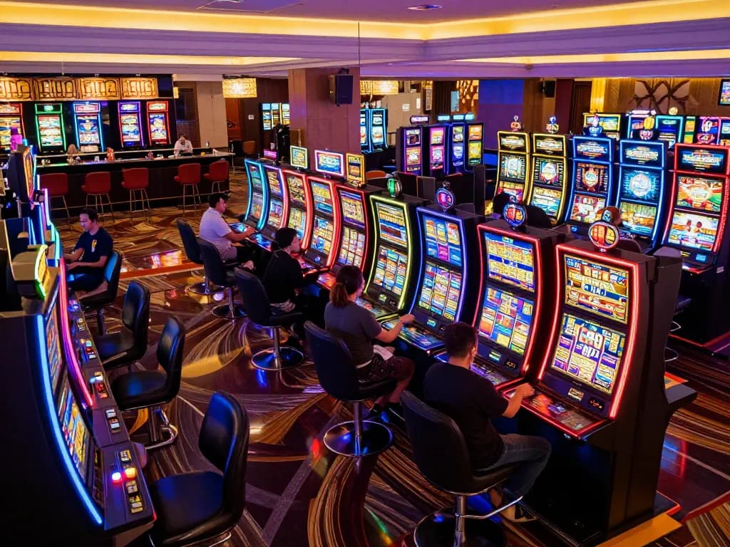 Players enjoying vibrant slot machines at ww88 casino, surrounded by colorful lights and high energy.