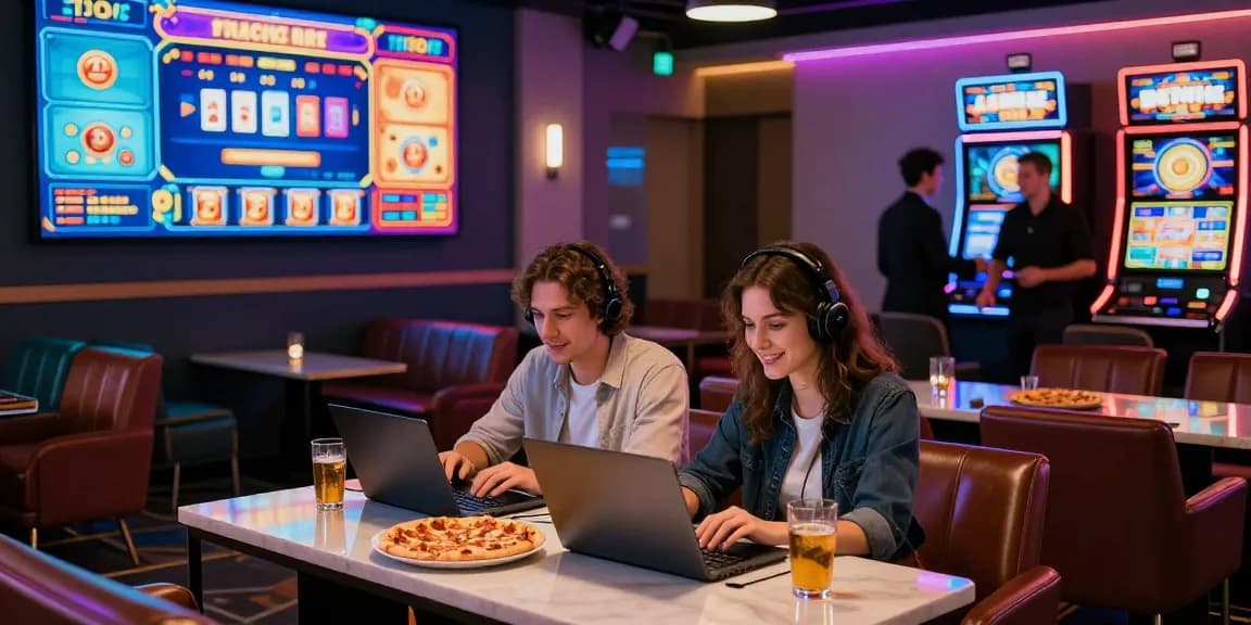 Exciting atmosphere of credit card casinos at mhfe.org.uk with players enjoying card games and slots in a vibrant online lounge.