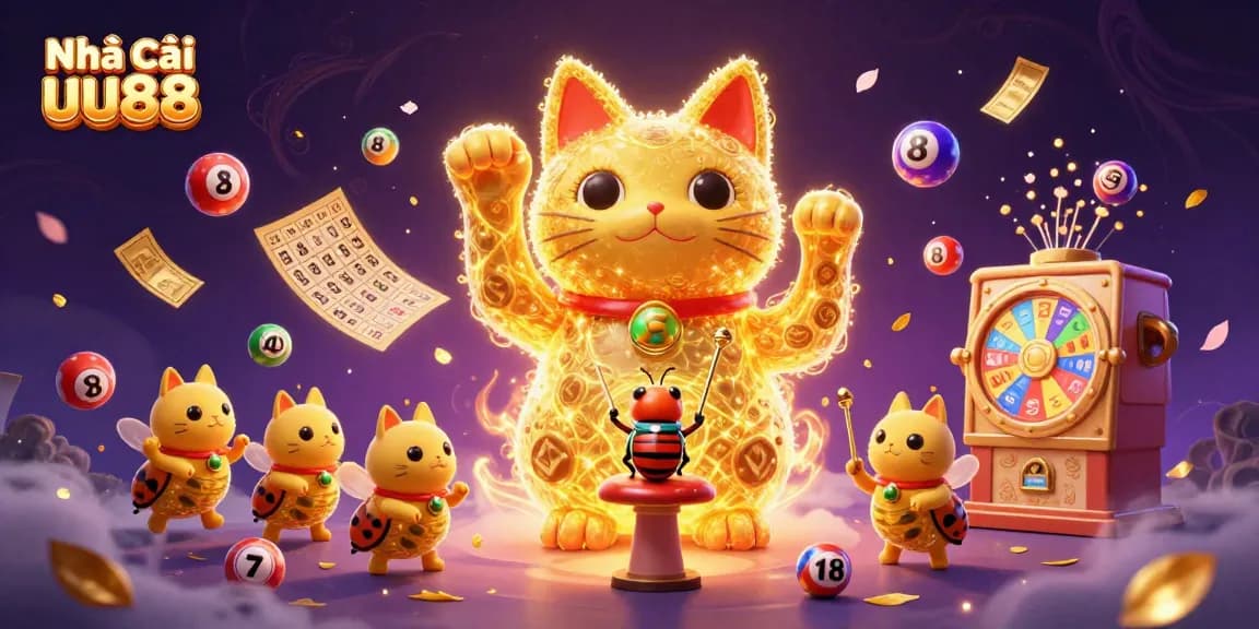 Experience luck with Nhà cái uu88 in this vibrant, dynamic casino-themed illustration featuring a lucky cat!