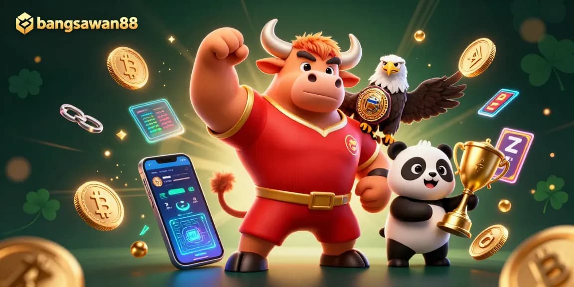 Experience exciting wins with bangsawan88 in a vibrant casino scene featuring a bull, eagle, and panda.