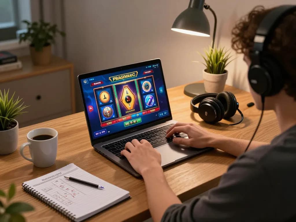 Person playing Pragmatic Slot games on a laptop at home, engaging with strategy notes and comfortable setup.