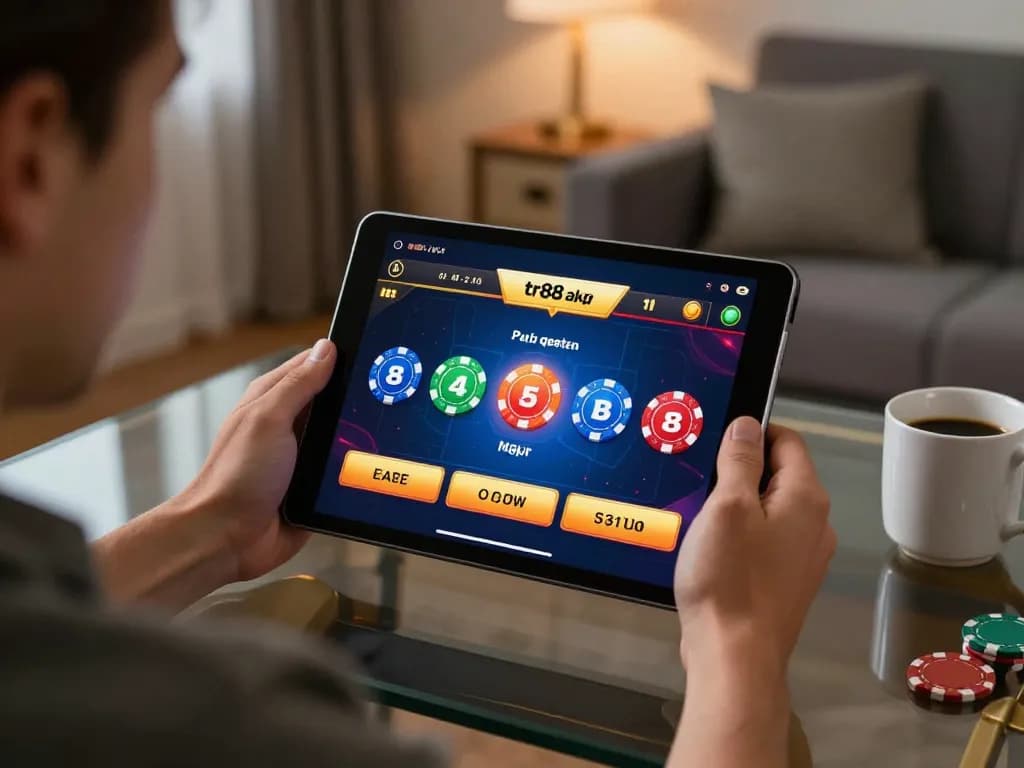 Experience thrilling gameplay with the tr88 apk interface displayed on a tablet, highlighting vibrant gaming options in a cozy home setting.