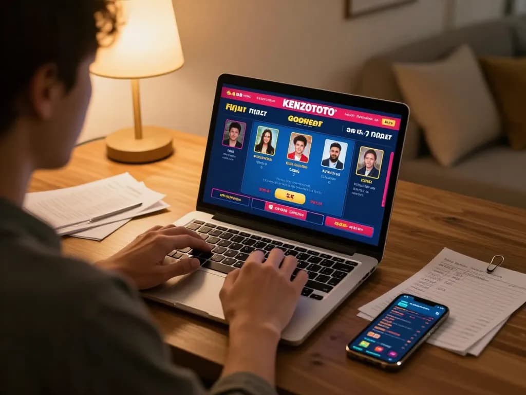 Terlibat dalam pengalaman perjudian online KENZOTOTO di rumah dengan laptop dan catatan.
