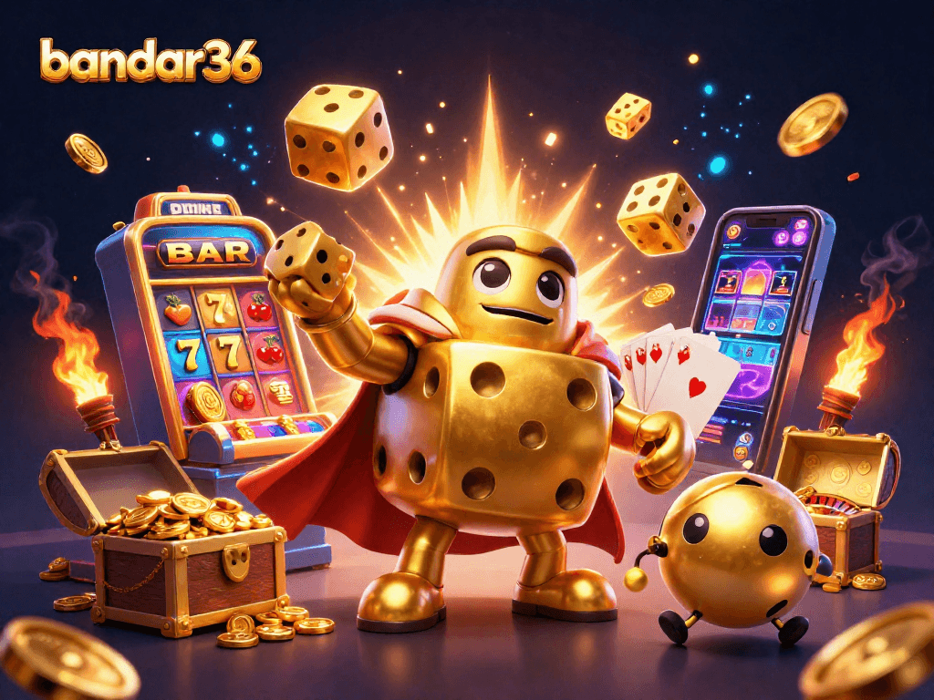 Memainkan jackpot di bandar36 dengan karakter dadu emas dan mesin slot yang memukau.
