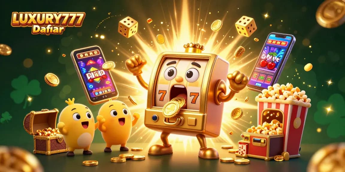 Gambarlah LUXURY777 Daftar dengan slot mesin emas yang mengejutkan saat jackpot muncul, dikelilingi oleh simbol permainan.