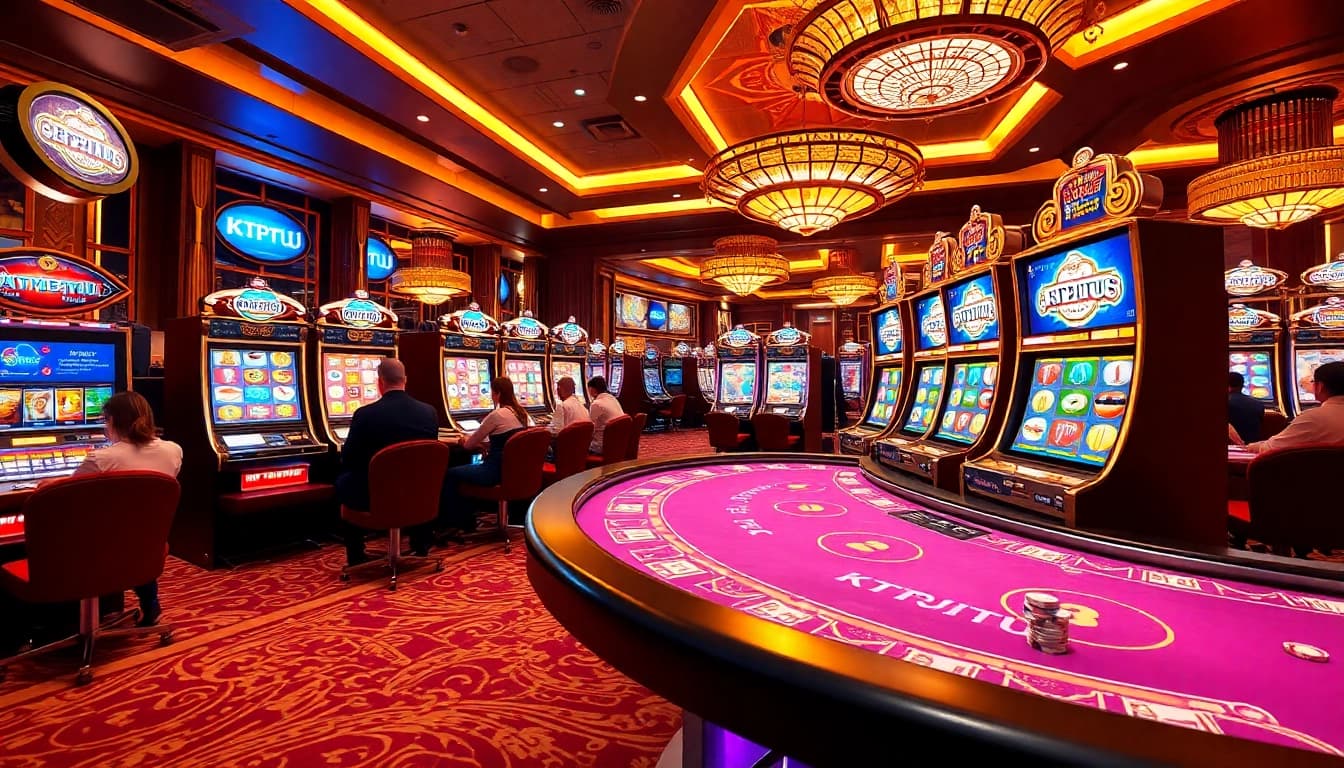 KTPJITU branded slot machines and poker tables in a vibrant casino scene highlighting excitement and professional gambling.