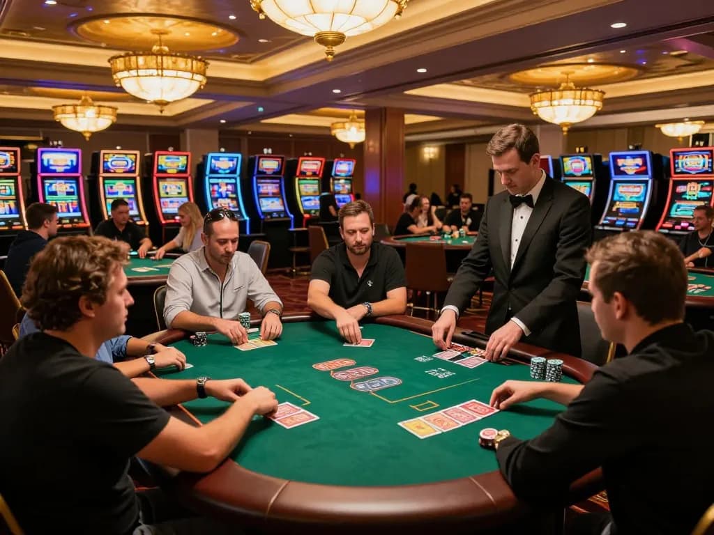 FABET players enjoy a thrilling poker game in an upscale casino atmosphere, emphasizing excitement and strategy.