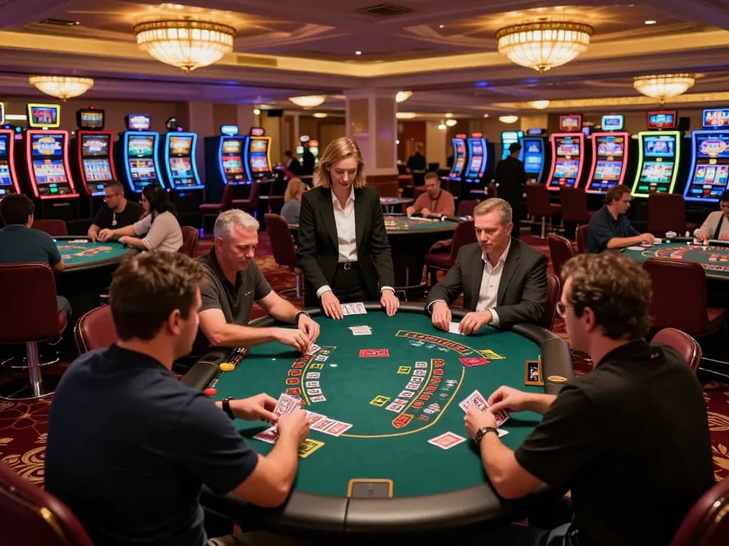 Dynamic gameplay at engholmnds casino floor, showcasing players engaged in blackjack.