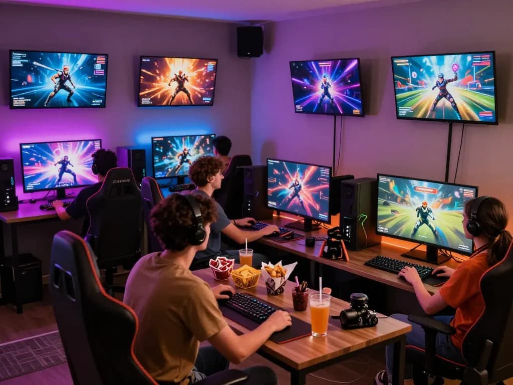 Diverse group enjoying games on an online platform in a vibrant gaming room reflecting sun win culture.