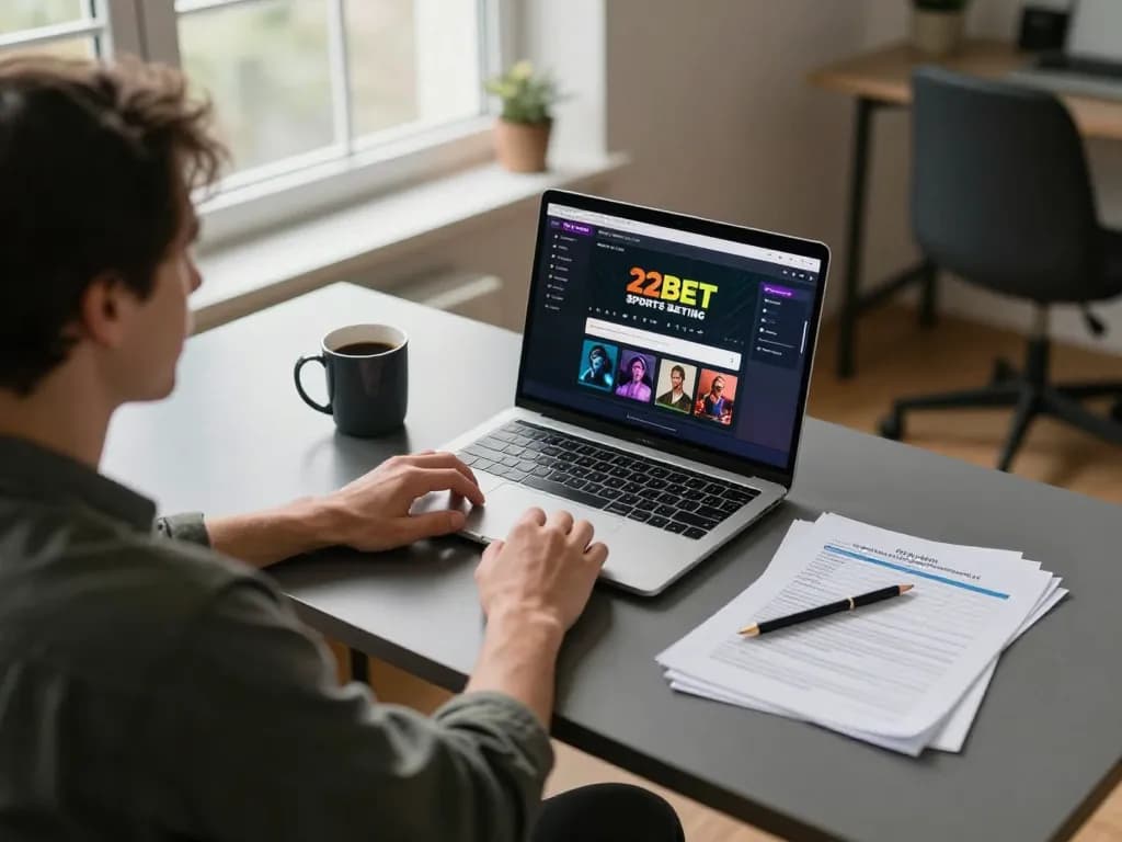 22bet user strategizing bets on a laptop, showcasing responsible online gambling practices in a cozy home setting