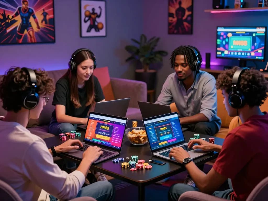 Enthusiastic gamers engaging with HM88 online betting platform in a vibrant gaming den.