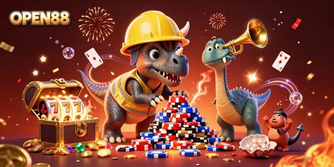 Experience the excitement of OPEN88 gaming as a triceratops builds poker chips while a parasaurolophus celebrates with confetti.