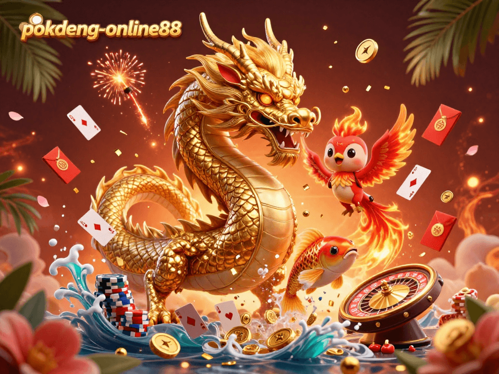 Experience thrilling action with the fierce dragon, phoenix, and koi fish showcasing pokdeng-online88's vibrant casino atmosphere.