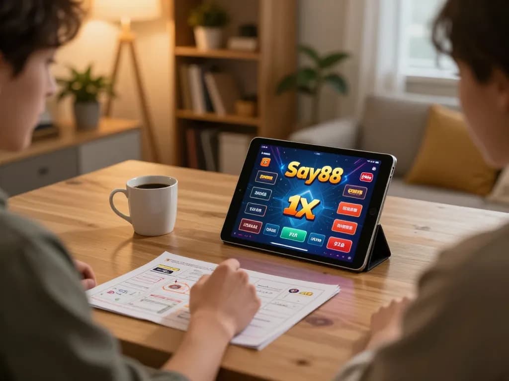 Player enjoying Say88 online casino gaming on tablet in cozy home setting.