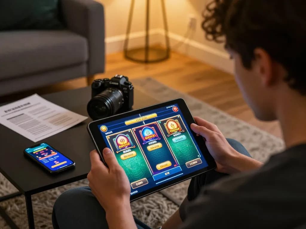Engaging in kdslots gameplay on a tablet in a cozy home setting.