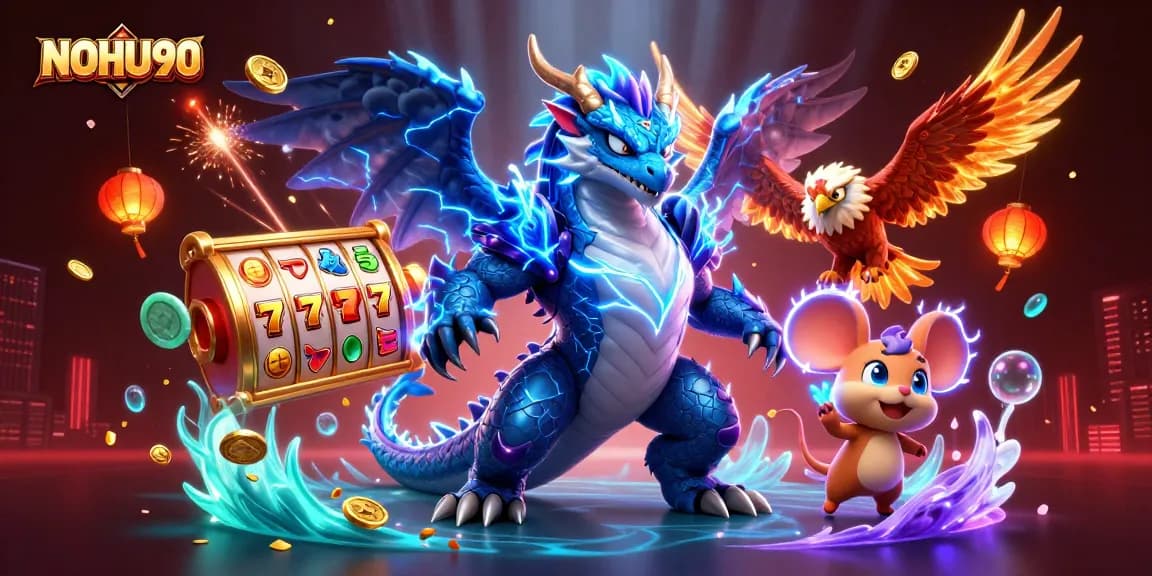 NOHU90 showcases thrilling slot action with a lightning dragon and dynamic casino elements.
