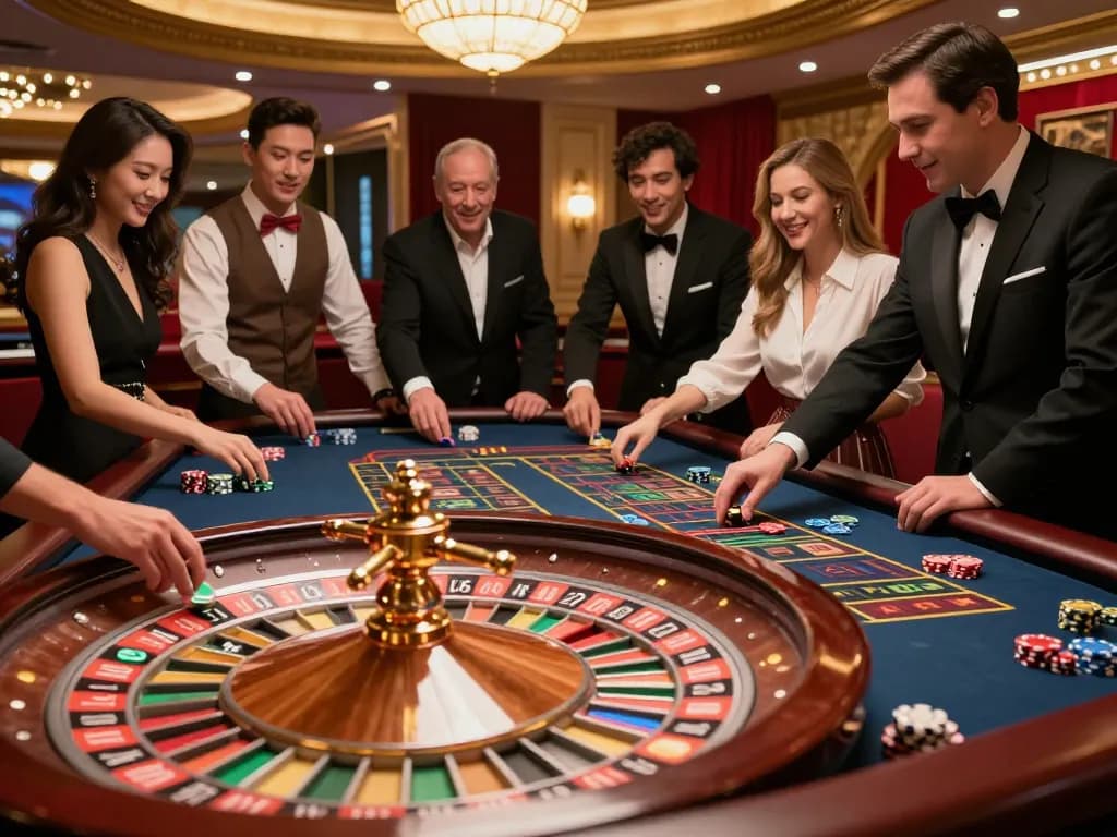 Players engaging with excitement at a roulette table in 88aa casino atmosphere, capturing betting action.