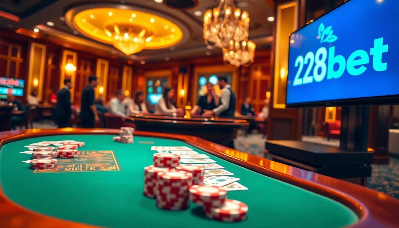 Experience the excitement of 28bet with a vibrant casino scene featuring poker, roulette, and more.