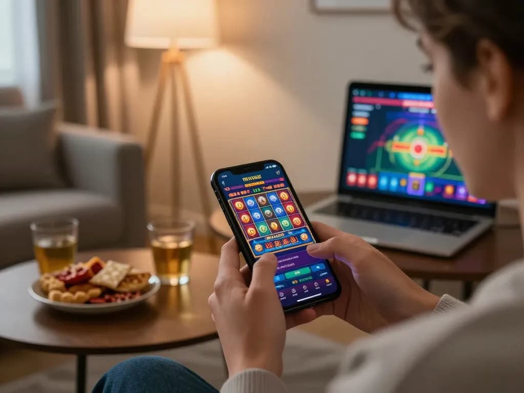 Playing on a situs gacor mobile app in a cozy living room for a winning experience