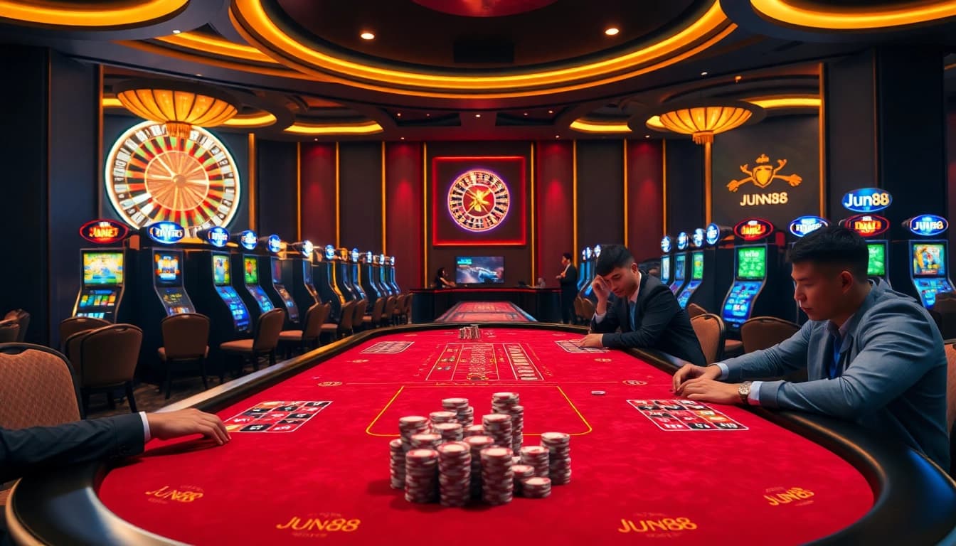 Engaged players at Jun88's poker table in a vibrant casino setting filled with excitement.
