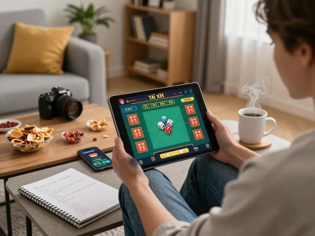 Tài xỉu online game interface displayed on a tablet during a cozy home gambling session, highlighting strategic engagement and responsible entertainment.