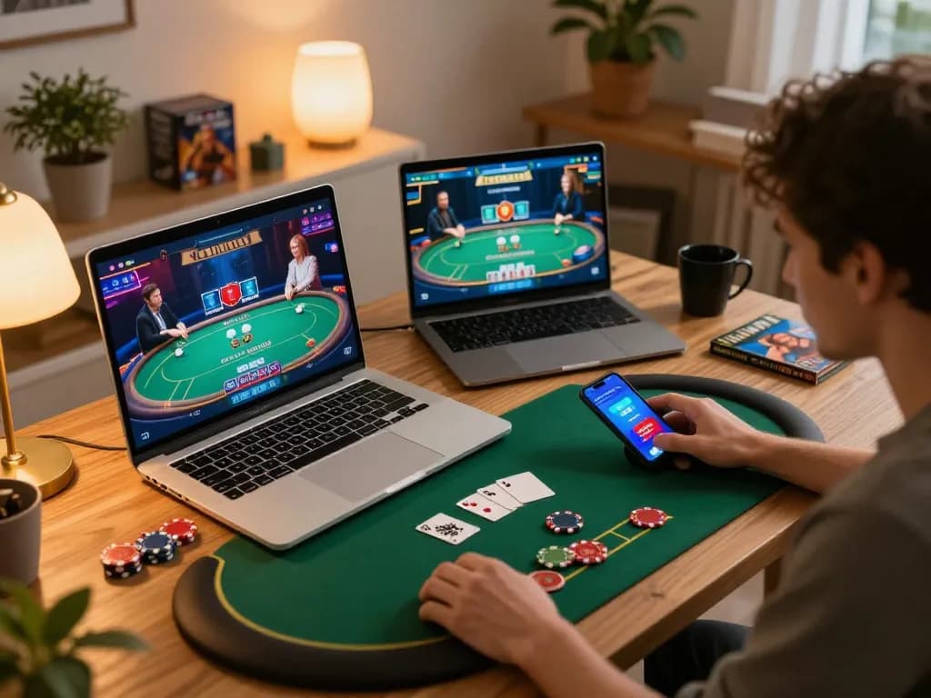 Player using the aa88i app on smartphone while engaging in online poker at home, showcasing a strategic gaming atmosphere.