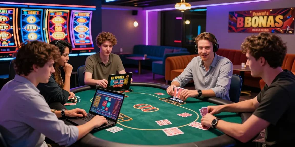 Engaging online casino scene at https://dea.org.uk showcasing players around a virtual poker table with vibrant graphics and neon lights.