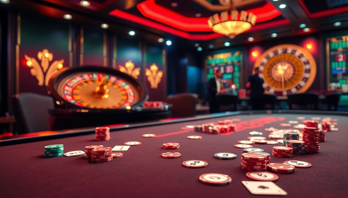 Experience the thrill of gambling at GK88 with vibrant poker tables and roulette wheels.