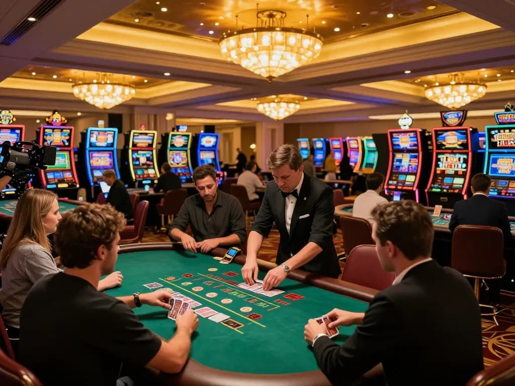KJC blackjack players engaging in high-stakes bets at an upscale casino table, showcasing a thrilling gaming atmosphere.